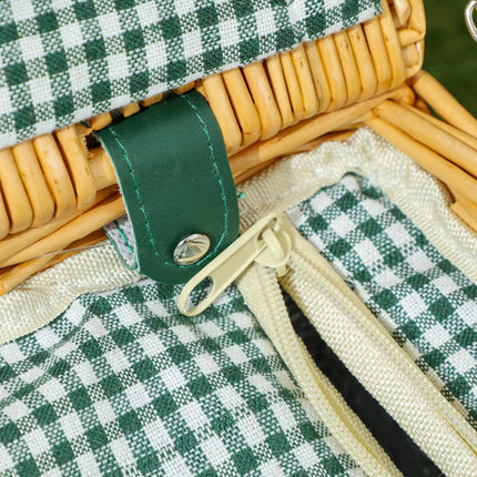 Piknika grozs no vītola koka, piknika koferis 2 personām ar izolētu dzesētāja nodalījumu, galda piederumu komplekts, piknika komplekts, pilns komplekts kempingam, pludmalei, Ziemassvētkiem, gaiši brūns