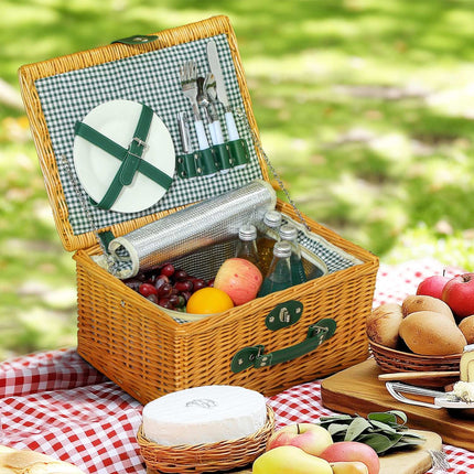 Piknika grozs no vītola koka, piknika koferis 2 personām ar izolētu dzesētāja nodalījumu, galda piederumu komplekts, piknika komplekts, pilns komplekts kempingam, pludmalei, Ziemassvētkiem, gaiši brūns