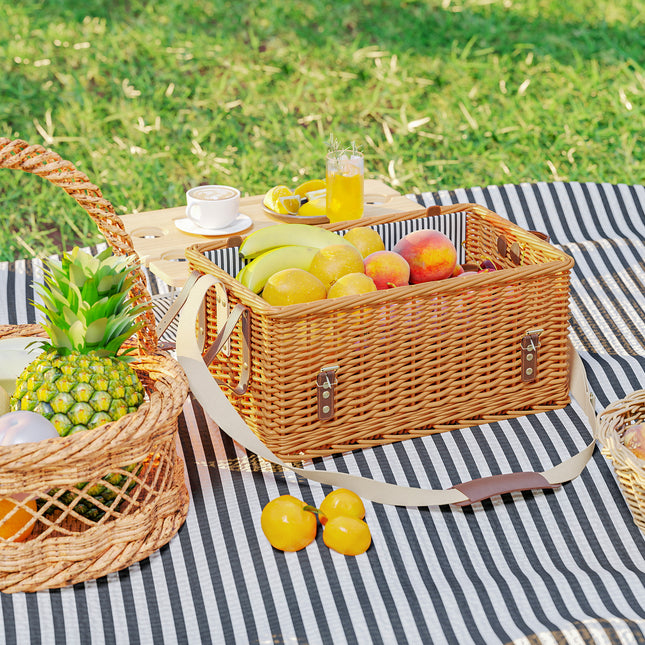 Piknika grozs no vītola koka, piknika koferis 4 personām ar piknika segu, galda piederumu komplekts, pudeļu attaisāmais, piknika galds, piknika komplekts, pilns komplekts kempingam, pludmalei, Ziemassvētkiem, gaiši brūns