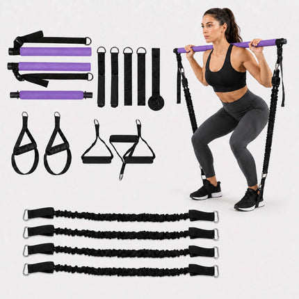 Pilates Bar Kit with 4 Resistance Bands and Door Anchor, 30–160 lbs, Purple