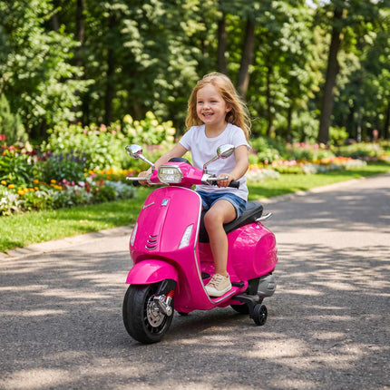 Rozā bērnu elektriskais Vespa motocikls ar mūziku un gaismām