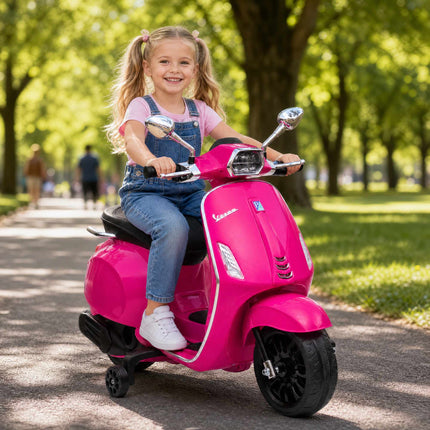Rozā bērnu elektriskais Vespa motocikls ar mūziku un gaismām