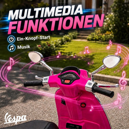 Rozā bērnu elektriskais Vespa motocikls ar mūziku un gaismām