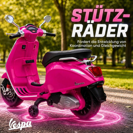 Rozā bērnu elektriskais Vespa motocikls ar mūziku un gaismām