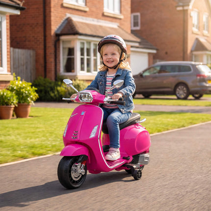 Rozā bērnu elektriskais Vespa motocikls ar mūziku un gaismām