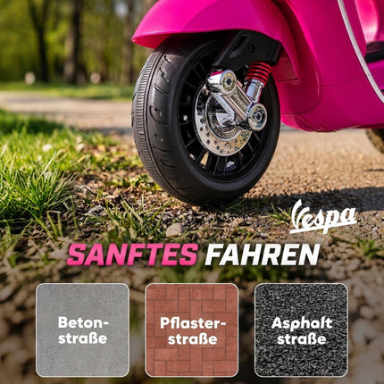 Rozā bērnu elektriskais Vespa motocikls ar mūziku un gaismām