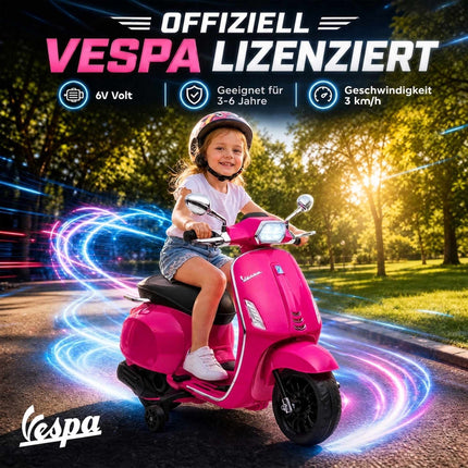 Rozā bērnu elektriskais Vespa motocikls ar mūziku un gaismām