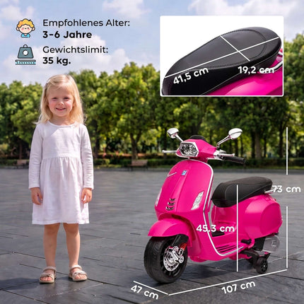 Rozā bērnu elektriskais Vespa motocikls ar mūziku un gaismām