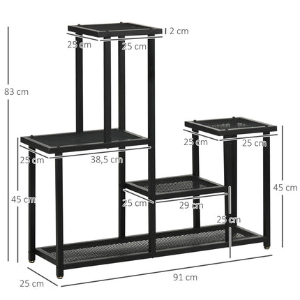 Augu plaukts ar 4 līmeņiem, daudzlīmeņu ziedu plaukts, augu statīvs dārzam, balkonam, metāls, melns, 91x25x83 cm