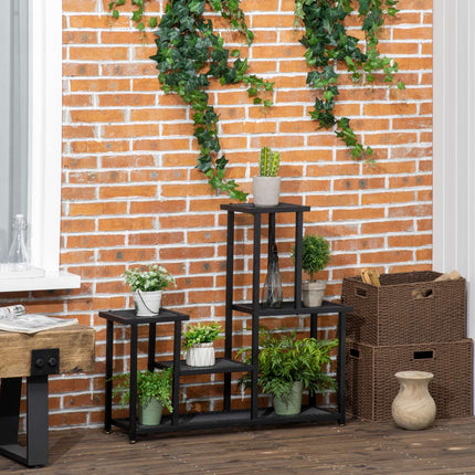 Augu plaukts ar 4 līmeņiem, daudzlīmeņu ziedu plaukts, augu statīvs dārzam, balkonam, metāls, melns, 91x25x83 cm