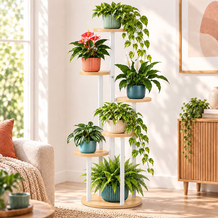 Plant Stand with 5 Tiers, Round Shelves, Iron and MDF – White, 118.5 cm High