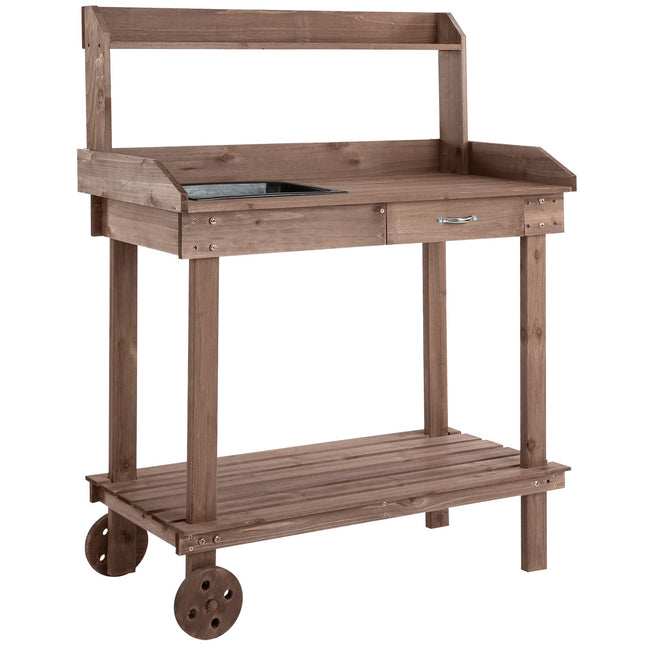 Dārza galds ar atvilktni, 2 pakāpieni, dārza galds ar izlietni un riteņiem, dārza egles koks, brūns, 92 x 45 x 119 cm