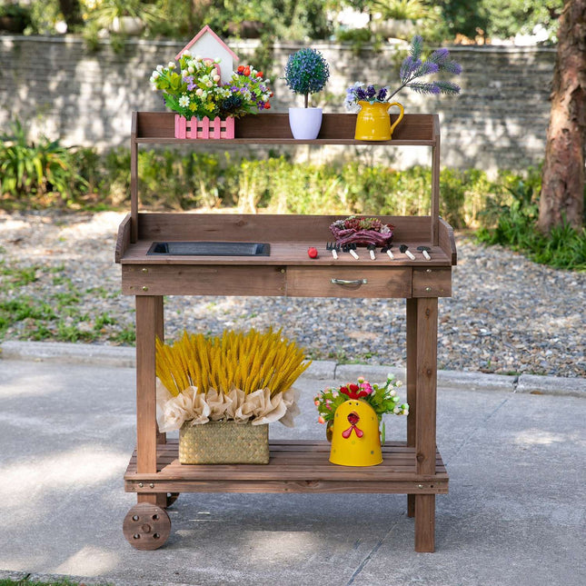 Dārza galds ar atvilktni, 2 pakāpieni, dārza galds ar izlietni un riteņiem, dārza egles koks, brūns, 92 x 45 x 119 cm