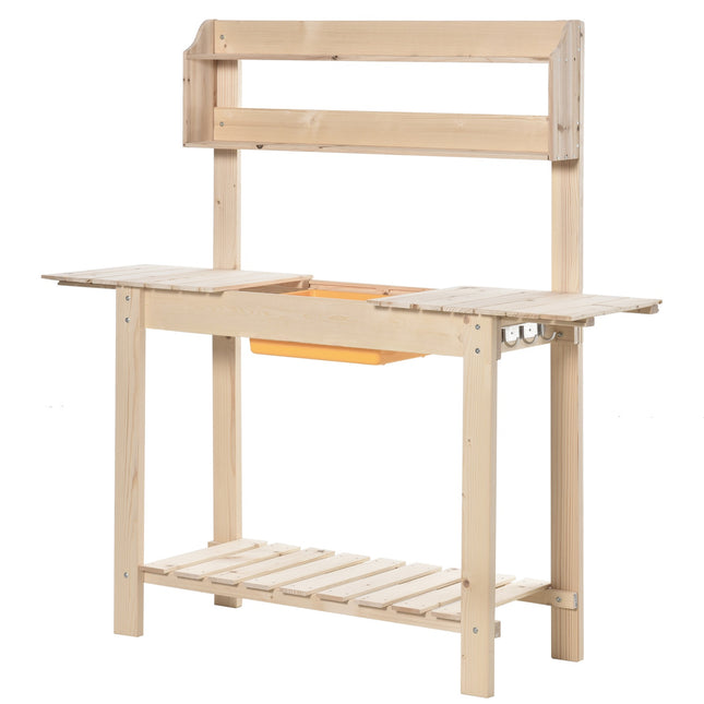 Puķu galds ar āķiem, regulējama darba virsma, izgatavots no egles koka, dārzam un terasei, dabīgs, 100x40x140 cm