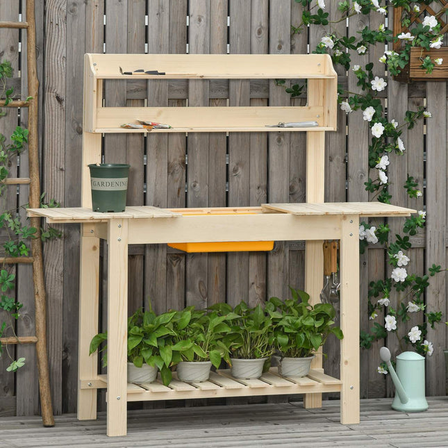 Puķu galds ar āķiem, regulējama darba virsma, izgatavots no egles koka, dārzam un terasei, dabīgs, 100x40x140 cm