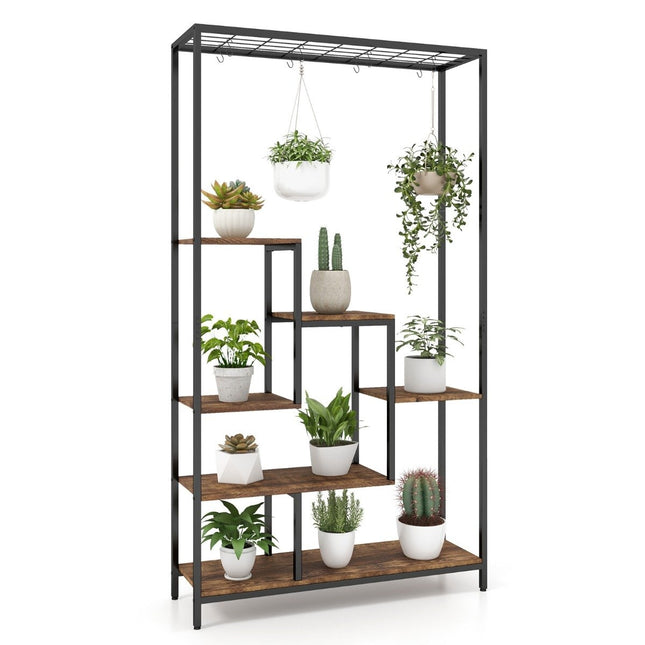 Puķu statīvs, 6 līmeņi, 180 cm, metāla augu plaukts ar 10 S-veida āķiem, melns + rustikāli brūns