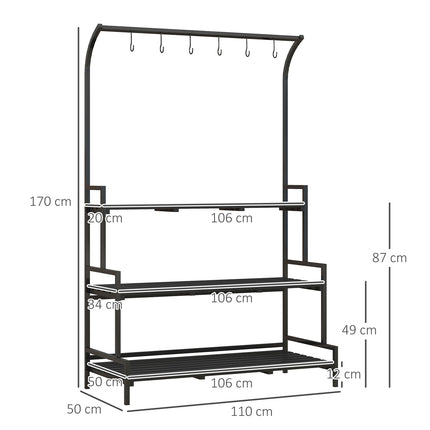 Puķu statīvs ar 3 līmeņiem un 6 āķiem, augu kāpnes no tērauda melnā krāsā, 110x50x170cm dārzam un balkonam