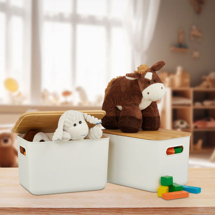Plastmasas uzglabāšanas kastes komplekts ar bambusa vākiem, sakraujamas