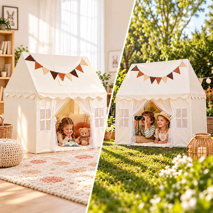 Play Tent for Children with Bunting and 2 Entrances, 130 x 125 x 95 cm, Beige