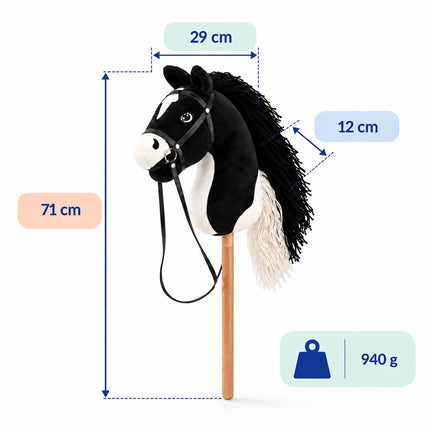Plush Hobby Horse on Beech Wood Stick with Bridle and Reins, Black
