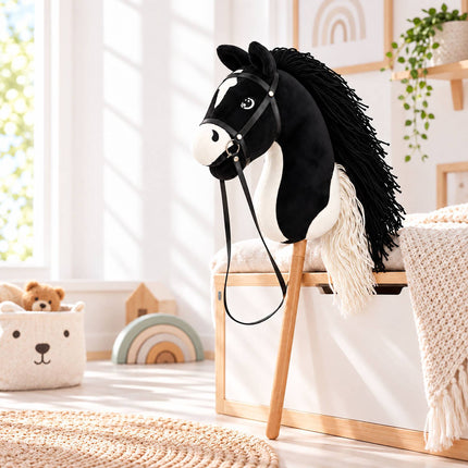 Plush Hobby Horse on Beech Wood Stick with Bridle and Reins, Black