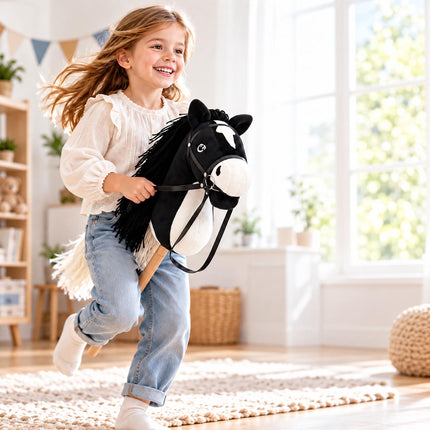 Plush Hobby Horse on Beech Wood Stick with Bridle and Reins, Black