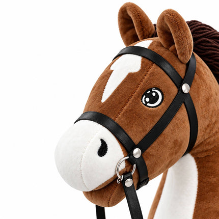 Plush Hobby Horse on Beech Wood Stick with Bridle and Reins, Brown