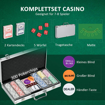 Pokera komplekts, 300 žetoni, 11,5 g, pilns pokera komplekts, slēdzene, 2 kāršu komplekti, 5 kauliņi, dīlera aizslēga pogas, sudrabkrāsas