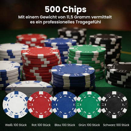 Pokera komplekts ar 500 žetoniem, 2 kāršu komplektiem, kauliņiem, kasti 10 spēlētājiem