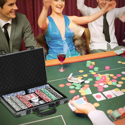 Pokera komplekts, pilns pokera komplekts ar 400 žetoniem, 11,5 grami, 2 kāršu kavām, 5 kauliņiem, dīlera disku, spēles paklājiņu, alumīnija korpusu