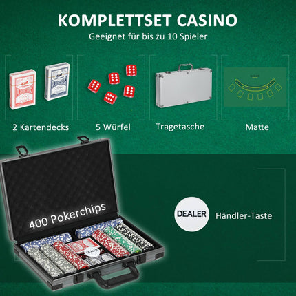 Pokera komplekts, pilns pokera komplekts ar 400 žetoniem, 11,5 grami, 2 kāršu kavām, 5 kauliņiem, dīlera disku, spēles paklājiņu, alumīnija korpusu