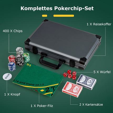 Pokera komplekts ar 400 lāzera žetoniem, 2 spēļu kārtīm, 5 kauliņiem un dīlera pogu no alumīnija pokera kastes.
