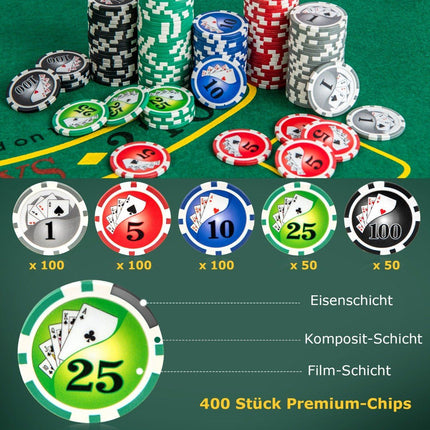 Pokera komplekts ar 400 lāzera žetoniem, 2 spēļu kārtīm, 5 kauliņiem un dīlera pogu no alumīnija pokera kastes.