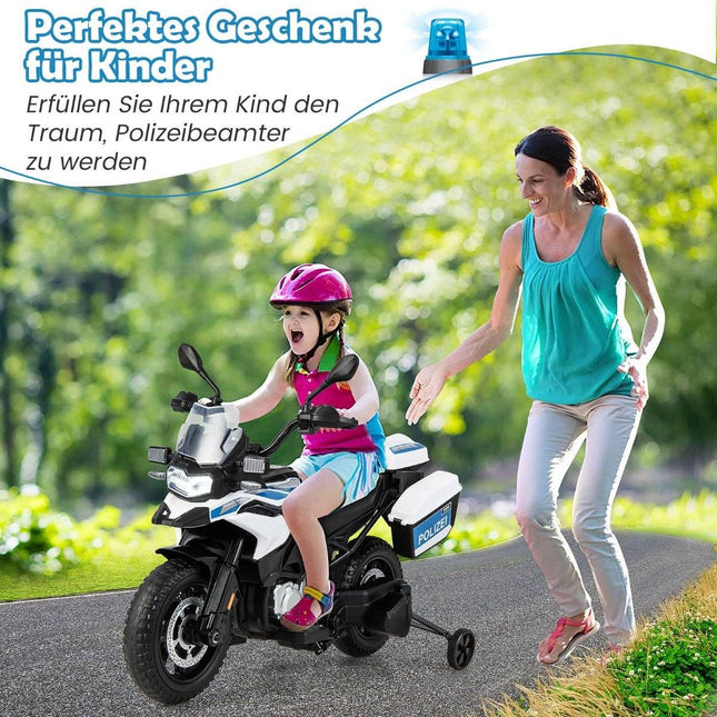 Policijas motocikls bērniem, ar akumulatoru darbināms motocikls ar 2 palīgriteņiem, 110 x 82,5 x 63 cm, balts