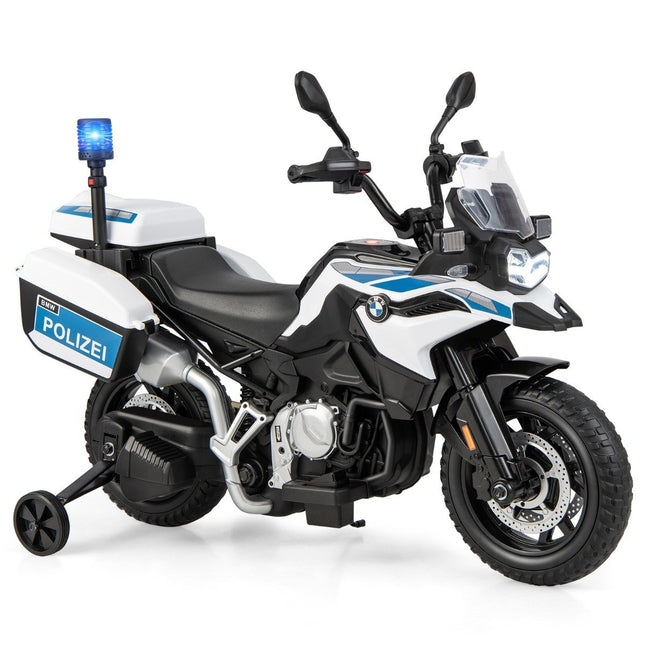 Policijas motocikls bērniem, ar akumulatoru darbināms motocikls ar 2 palīgriteņiem, 110 x 82,5 x 63 cm, balts