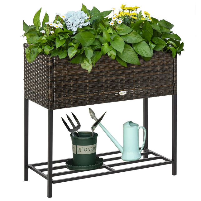 Polietilēna rotanga paaugstinātā puķu dobe ar kājām, puķu pods ar plauktu, brūna, 70 x 30 x 72 cm