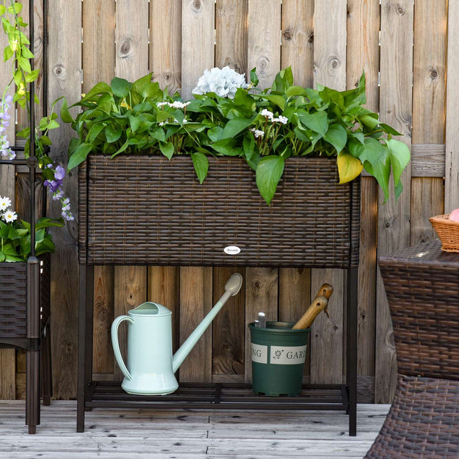 Polietilēna rotanga paaugstinātā puķu dobe ar kājām, puķu pods ar plauktu, brūna, 70 x 30 x 72 cm
