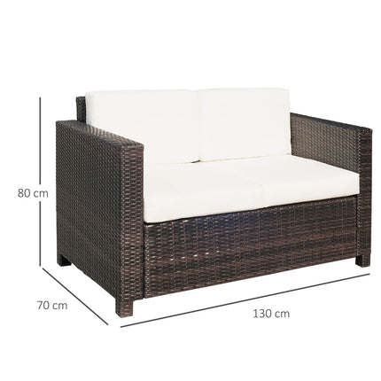 2-seater poly rattan garden sofa with cushions, brown and white