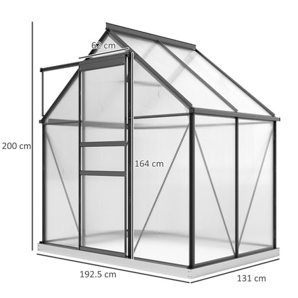 Polycarbonate Greenhouse 192.5 x 131 cm with Gutters, Roof Windows, Grey