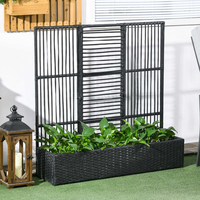Polirotana paaugstināta puķu dobe ar režģi, puķu kasti, augu kaste, puķu dobe dārzam, balkonam, melna, 103 x 103 x 29 cm