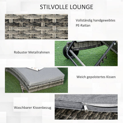 Polirotanga sauļošanās krēsls, dārza krēsls ar spilvenu, 5 līmeņi, regulējams, S formas dārza mēbeles, metāls, pelēks, 207 x 70 x 70 cm