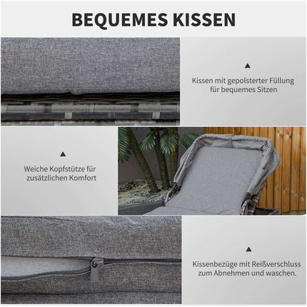 Polirotanga sauļošanās krēsls ar saules nojumi, regulējams dārza krēsls, rotanga krēsls ar spilvenu, pelēks, 195 x 65 x 40 cm