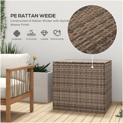 Weather-resistant storage box in poly rattan with auto-lift lid