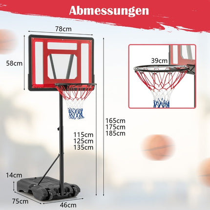 Baseina basketbola grozs, āra basketbola statīvs, 115-135 cm, regulējams augstums, sarkans