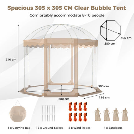 Saliekamā burbuļtelts 10x10 pēdas, 8-10 personām, caurspīdīgs PVC