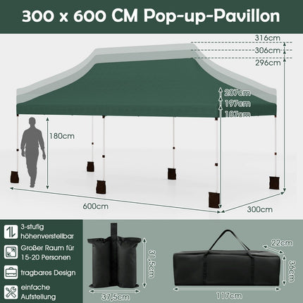 Saliekamā nojumes telts 300x600 cm, regulējams augstums, zaļa