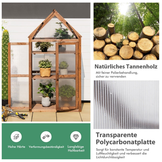 Pārnēsājama trīs līmeņu koka mini siltumnīca ar noņemamiem plauktiem