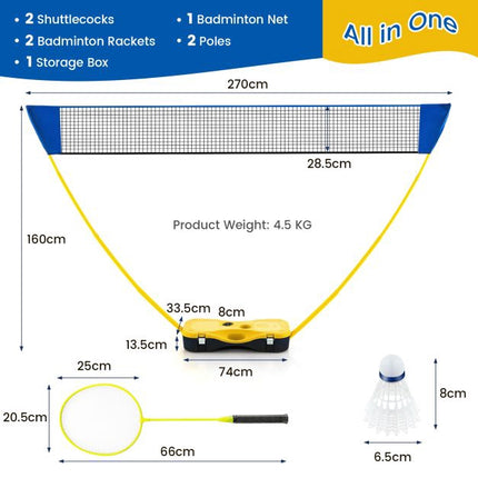 Pārnēsājams badmintona tīkla komplekts 270 cm, raketes, pārnēsāšanas soma