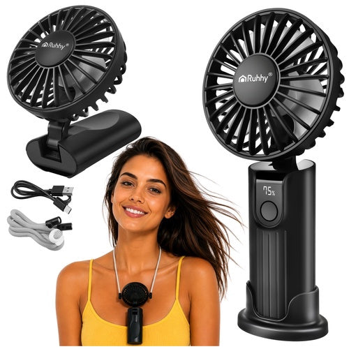 Pārnēsājams melns rokas ventilators, USB-C, 2400mAh akumulators