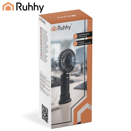 Pārnēsājams melns rokas ventilators, USB-C, 2400mAh akumulators